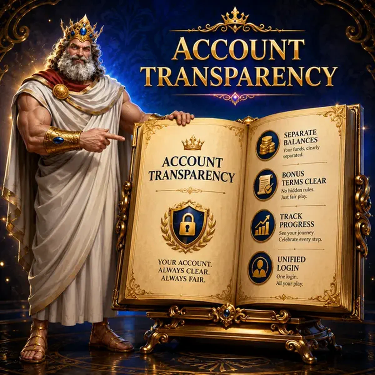 Il Sovrano che indica un registro dorato che mostra il saldo del conto al portale di login di Sava Spin Casino