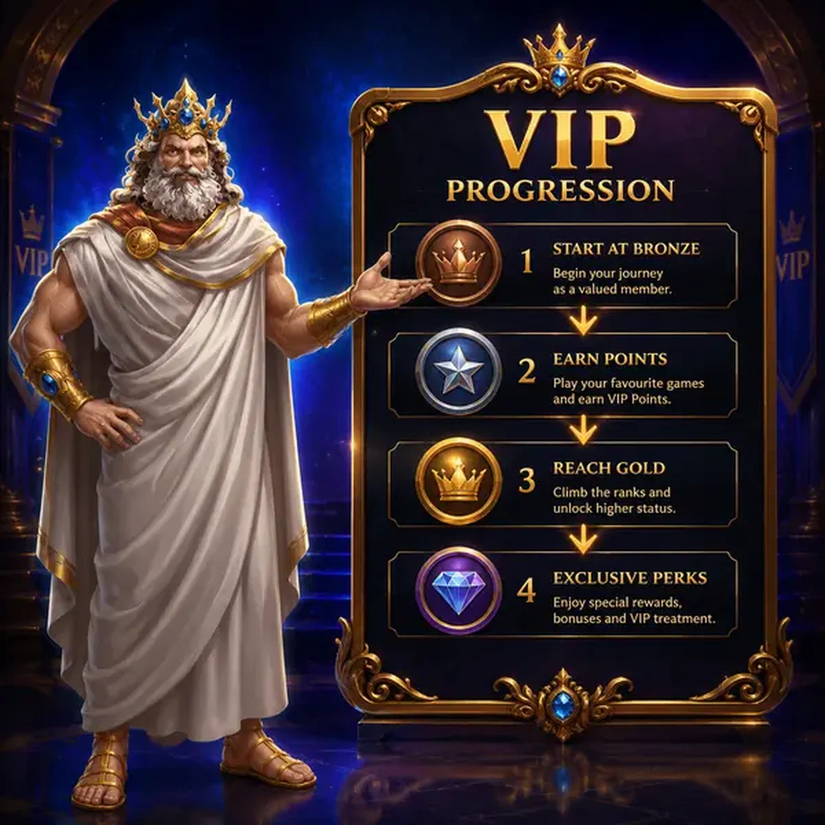 Il Sovrano indica il tabellone di progressione VIP mentre il giocatore si iscrive a Sava Spin Casino