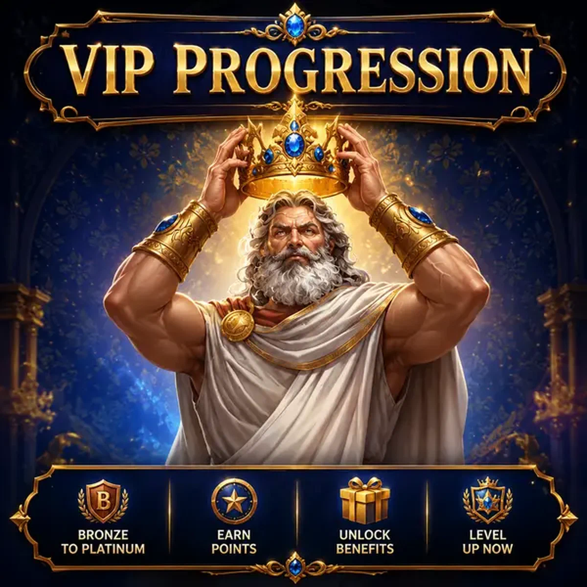 Personaggio Sovrano che tiene trionfalmente una corona dorata mentre il progresso VIP e i vantaggi del livello si sbloccano al portale di login