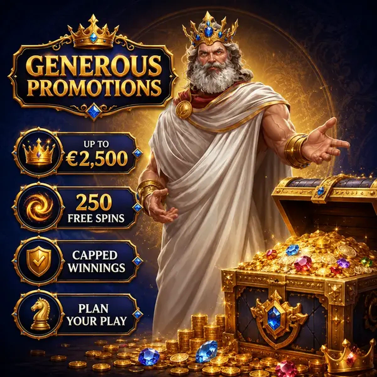 Il Sovrano indica il forziere bonus alla sala di benvenuto di Sava Spin Casino