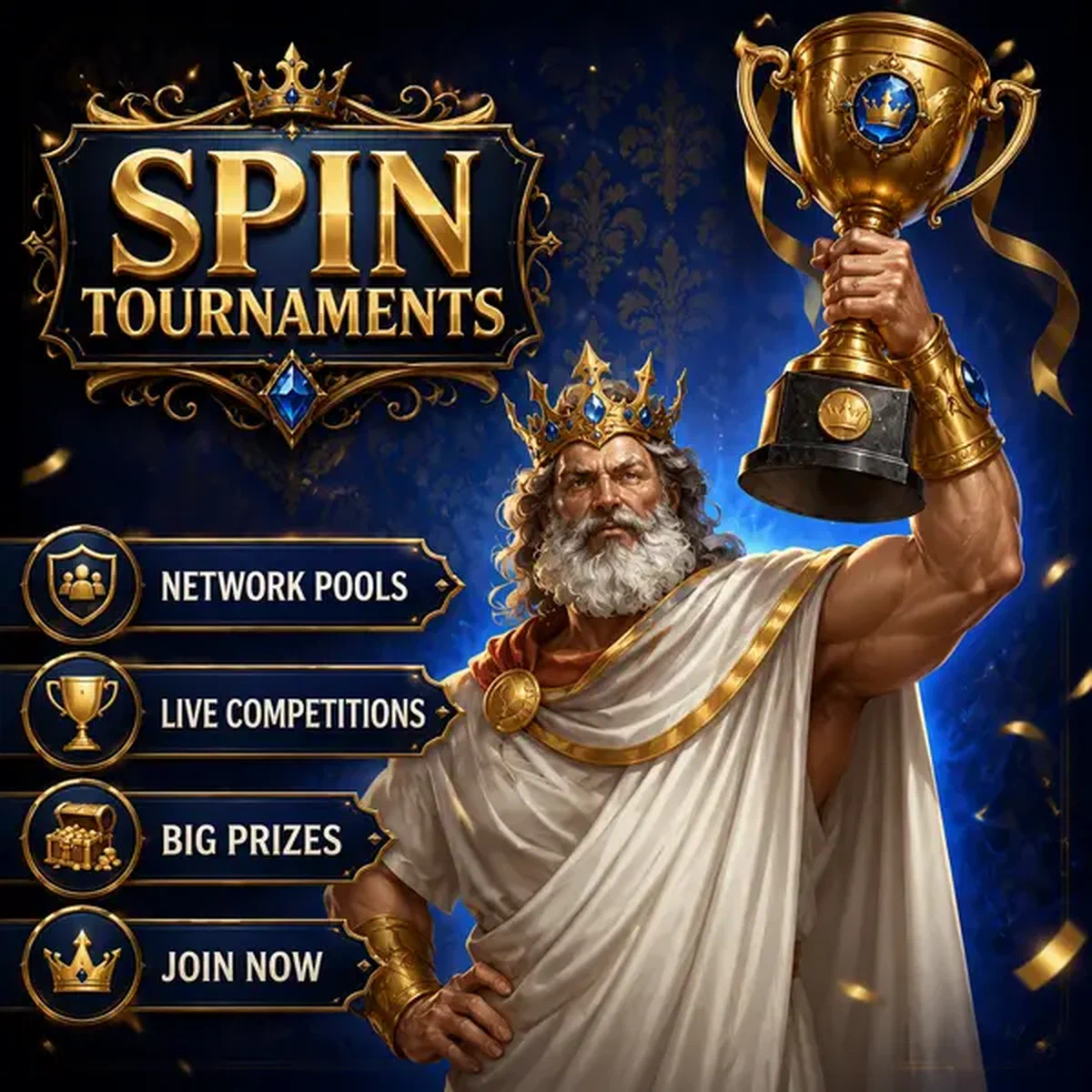 Monarca regale che tiene alto il trofeo premio ai Tornei Sava Spin competizioni live